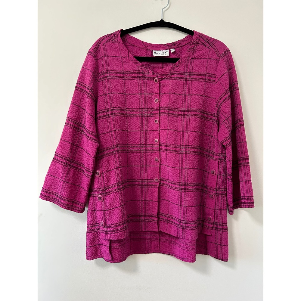 Habitat Windowpane Plaid Button Front Top Womens Med Boxy Magenta Lagenlook